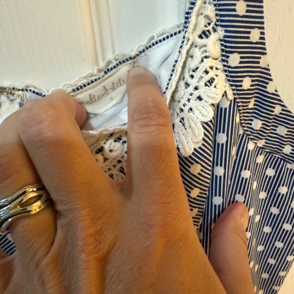 Altar’d State Blue Polka Dot Dress with Lace Trim zip up back, button detail - Picture 4 of 7